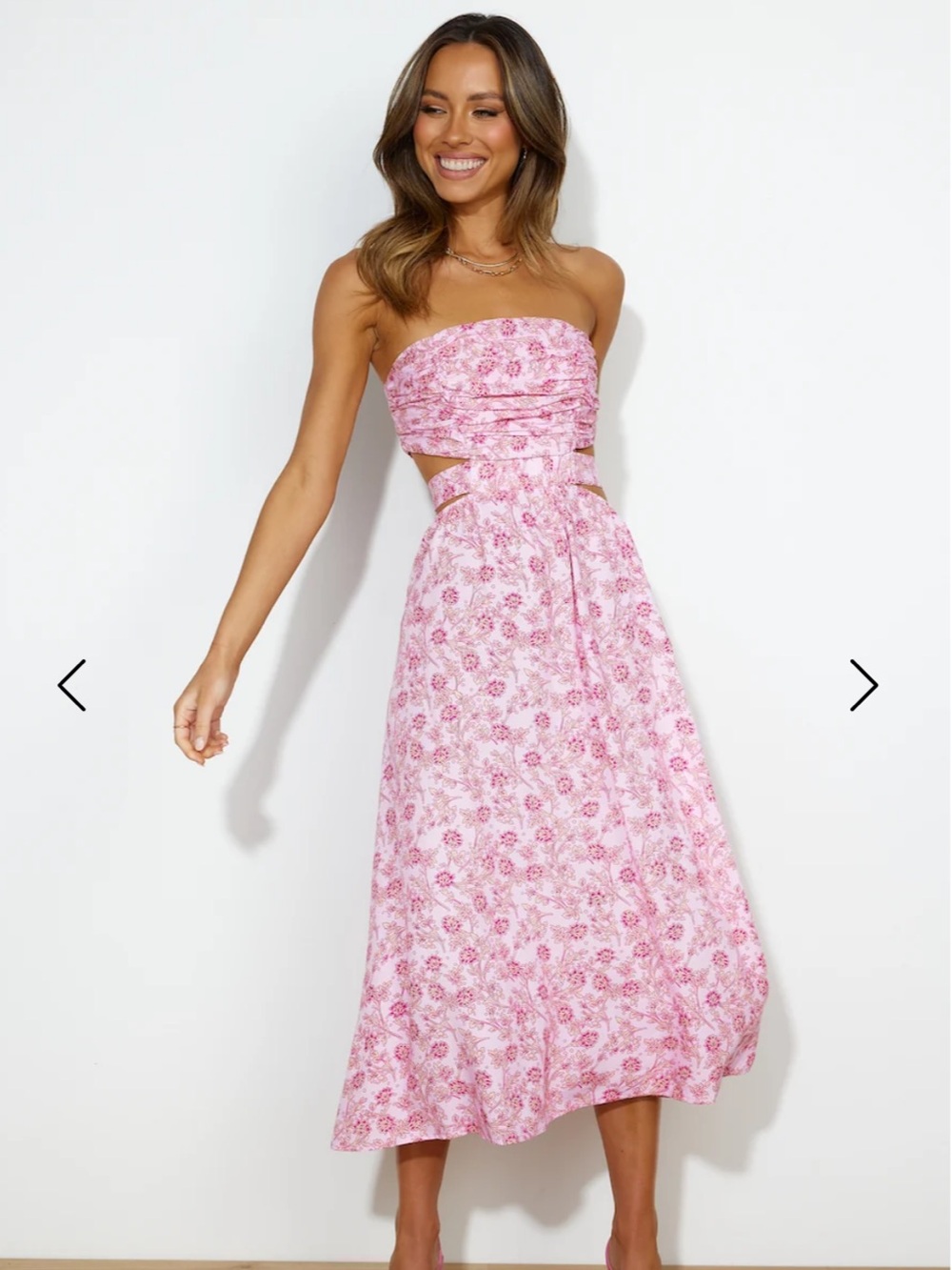 HELLO MOLLY Pink Floral Strapless Cutout Maxi Dress – Size L NWT More Cookies